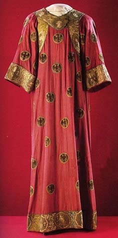 Dalmatic from south Germany (c. 1300) is made from crimson Chinese damask, embroidered by gold and silver, www.virtue.to/articles/extant.html.