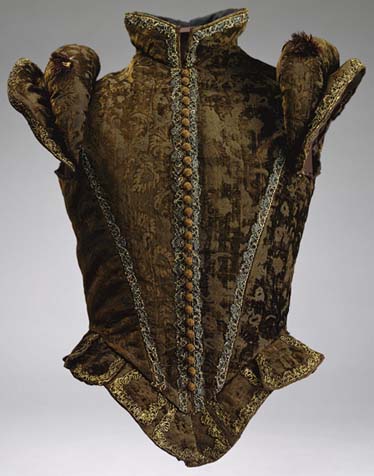 Spanish jerkin from brown silk velvet, bordered by metal trim, c. 1580, Metropolitan art museum, New York.