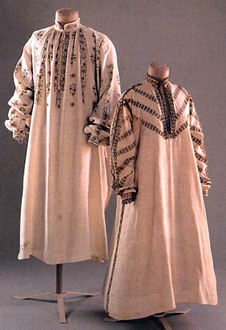 Smock and shirt, a man's shirt, c.1580-1590 (left) and a woman's smock, c.1610 (right). Both are of fine, tightly woven linen and embroidered with black silk. Costume museum, Bath