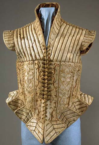 Jerkin Late 16th century or early 17th, Italy, Suede leather lined with taffeta and embroidered; padded, V+A Museum, London