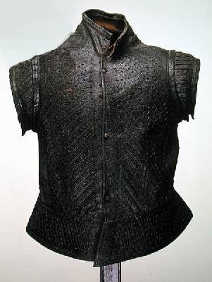 Leather Jerkin, c.1550-1600 pinked decoration of stars and heart motifs between scored lines; Museum of London