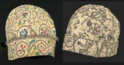 Embroidered Caps, man's night caps from 1580-95, Victoria and Albert Museum, London (?) and Museum of Fine Art, Boston