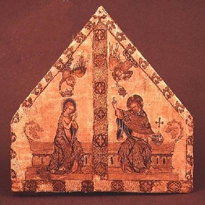 Mitre, with the Coronation of the Virgin worked in gold and silk ground, mid 14th century, Sixt Parish Church, Haute-Savoie, France