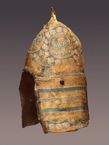 Headddress designed like helmet, covered with Sogdian Silk, culture of the Adygo-Alanian tribes. 8th-9th century Moshchevaya Balka, Hermitage, St.Petersburg